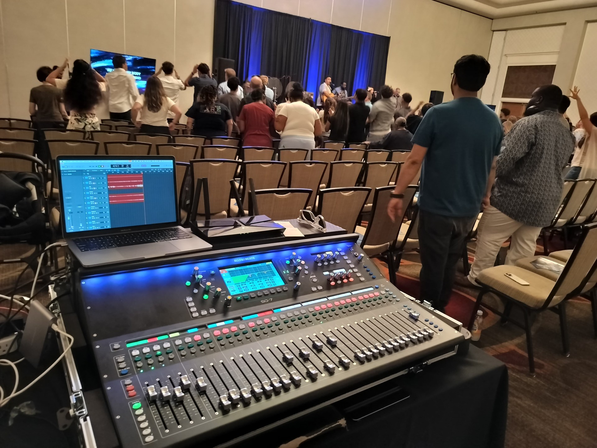 Allen & Heath SQ-7 console mixing live worship service congregation
