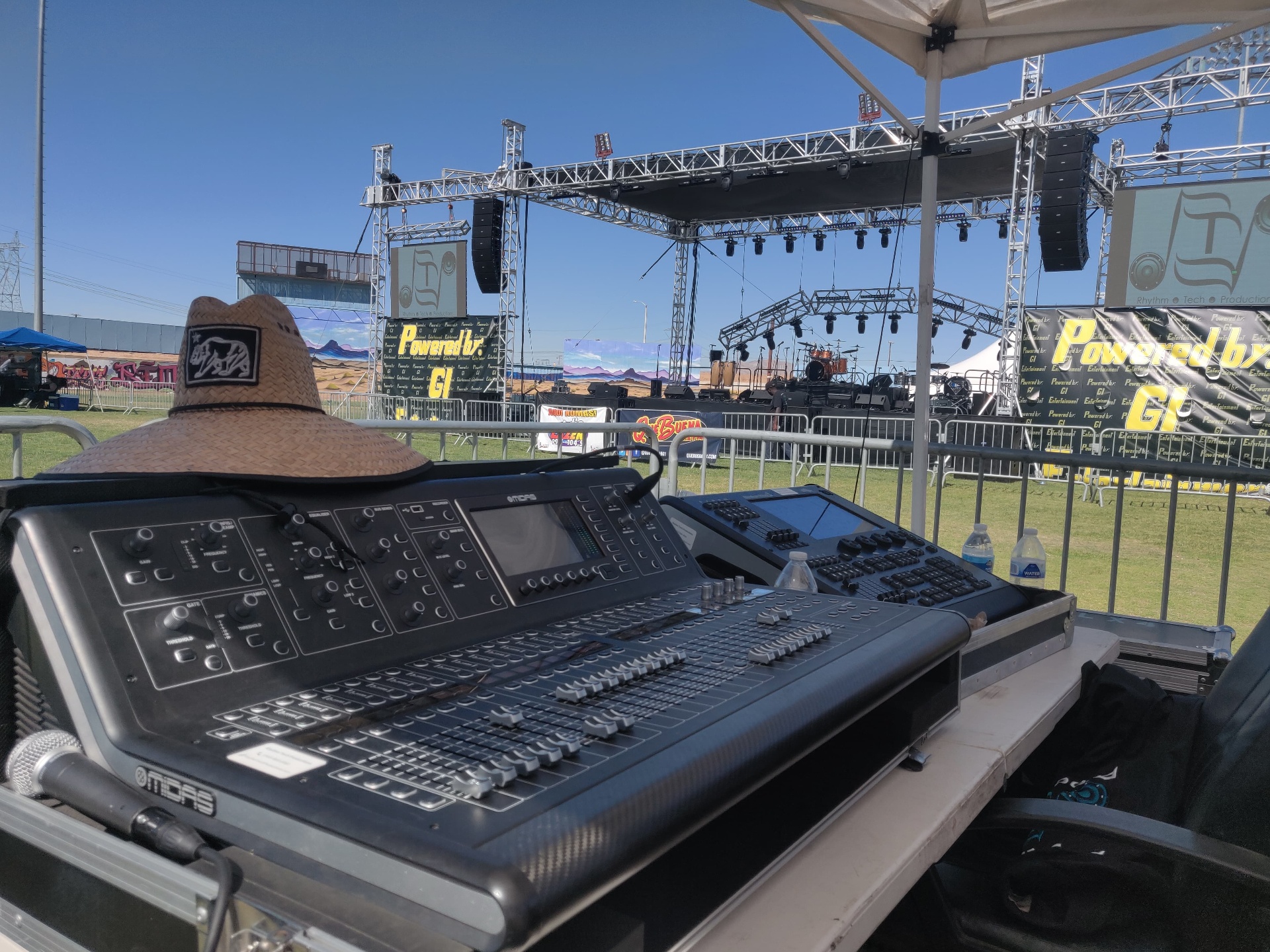 Live audio mixing console at outdoor concert stage